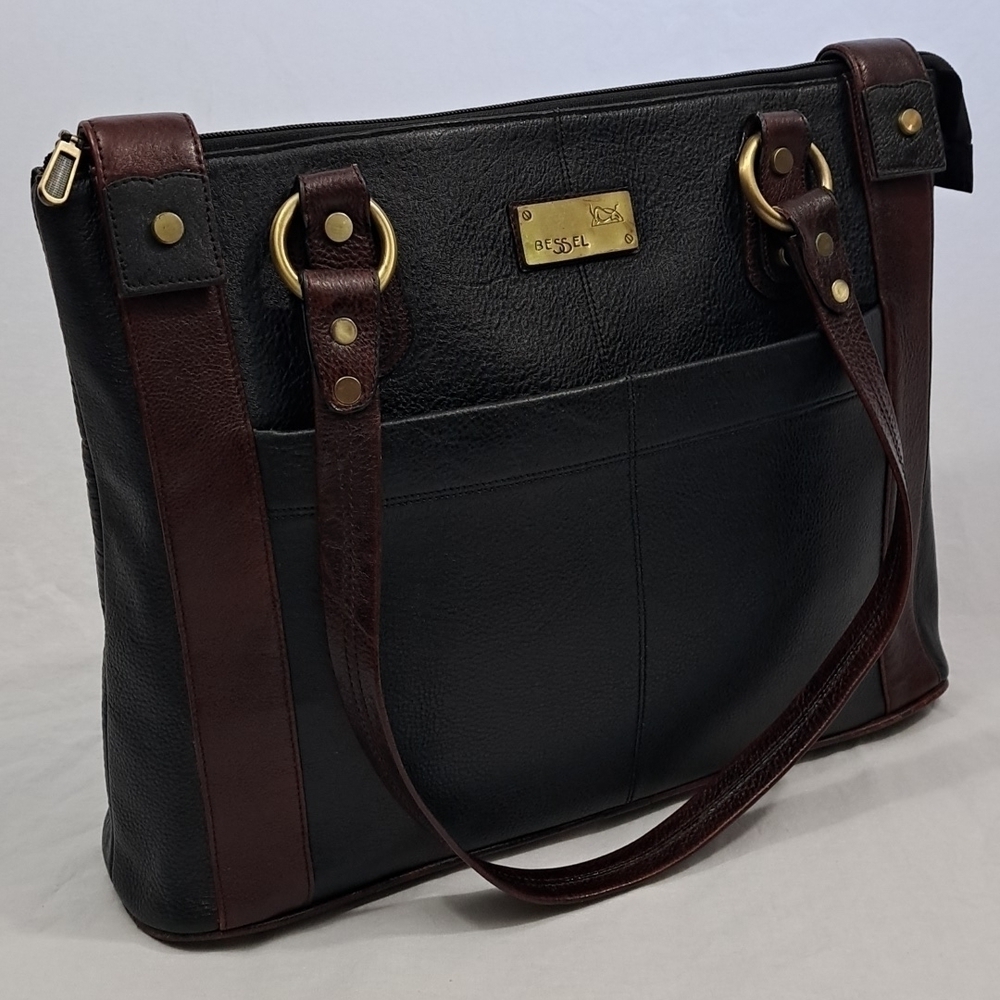 BESSEL Black & Brown Genuine Leather Shoulder Bag – Multi-Pocket, Brass Hardware